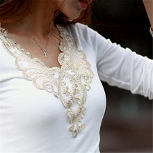 Elegant Women V-neck Long Sleeve T-Shirt Lace Collar Tee Slim Tops Shirt Size M L XL E12 UBY