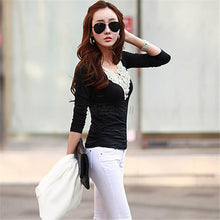 Elegant Women V-neck Long Sleeve T-Shirt Lace Collar Tee Slim Tops Shirt Size M L XL E12 UBY
