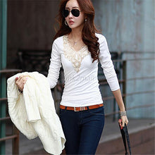 Elegant Women V-neck Long Sleeve T-Shirt Lace Collar Tee Slim Tops Shirt Size M L XL E12 UBY