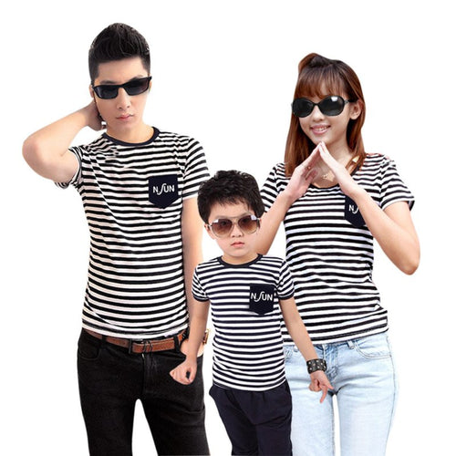Family Fitted Striped Short-sleeve T-shirt Summer Family Matching Clothes Father Mother Kids Outfits Cotton Tees UBY
