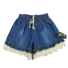 Girl Elastic High Waist Denim Shorts Women Cute Loose Short Pant Lady Stretch Lace Crochet Cut-Off Jeans LZH7 UBY