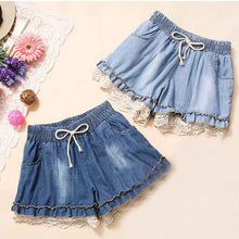 Girl Elastic High Waist Denim Shorts Women Cute Loose Short Pant Lady Stretch Lace Crochet Cut-Off Jeans LZH7 UBY