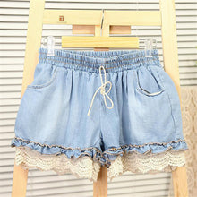 Girl Elastic High Waist Denim Shorts Women Cute Loose Short Pant Lady Stretch Lace Crochet Cut-Off Jeans LZH7 UBY