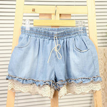 Girl Elastic High Waist Denim Shorts Women Cute Loose Short Pant Lady Stretch Lace Crochet Cut-Off Jeans LZH7 UBY