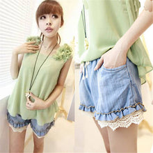 Girl Elastic High Waist Denim Shorts Women Cute Loose Short Pant Lady Stretch Lace Crochet Cut-Off Jeans LZH7 UBY