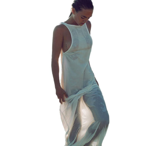 Chiffon Dresses Sexy Women White Beach Dress Casual O-Neck Backless Long Maxi Dress LY3 UBY