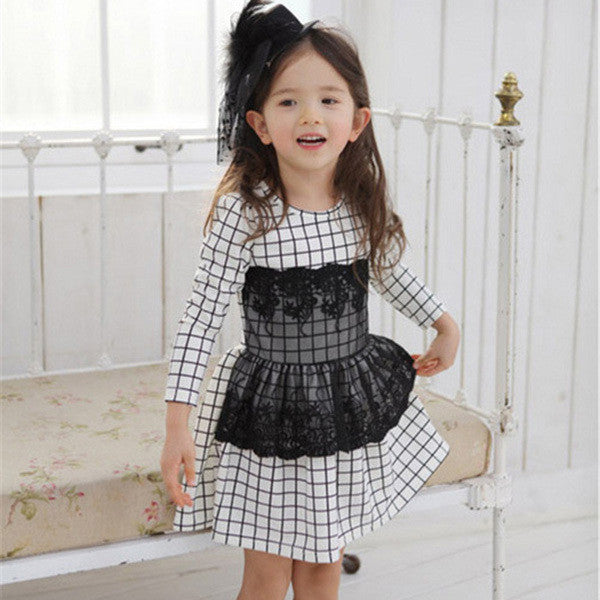 Kids Baby Girls Dress Long Sleeve One Piece Dresses Lace Plaids Checks 2-6Y Costume UBY