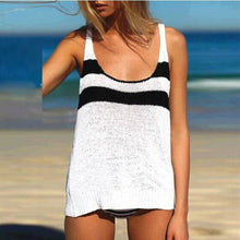Lady White Black Back Slit Tops Casual Knit Bikini Cover Up Sleeveless Crop TopsUBY