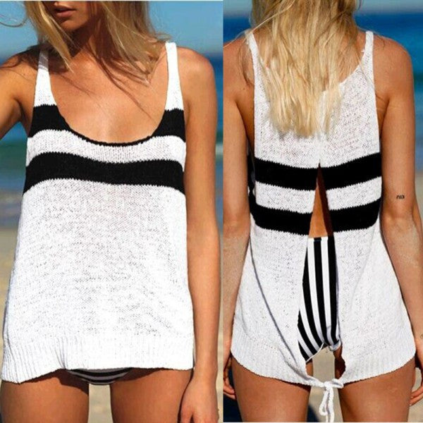 Lady White Black Back Slit Tops Casual Knit Bikini Cover Up Sleeveless Crop TopsUBY