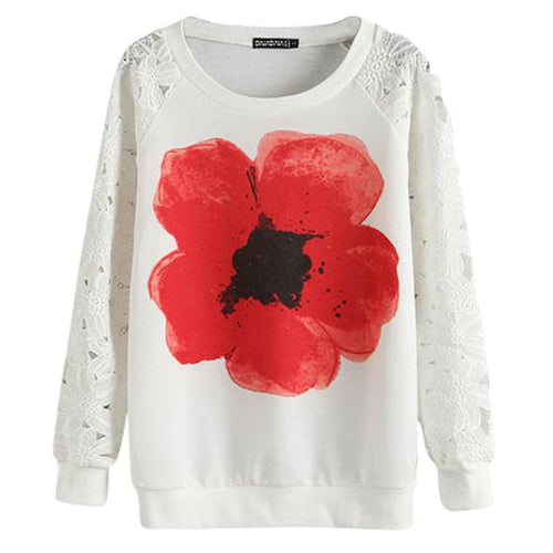 Casual Women Round Neck Sweatshirts Lace Hollow Out Pullovers Loose Bottom Plus Size UBY