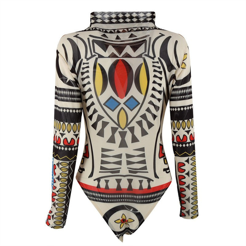 Women Ladies Printing Slim Bodycon Long-sleeve Club Playsuits Jumpsuit Tops Transparent Bodysuits Tops UBY