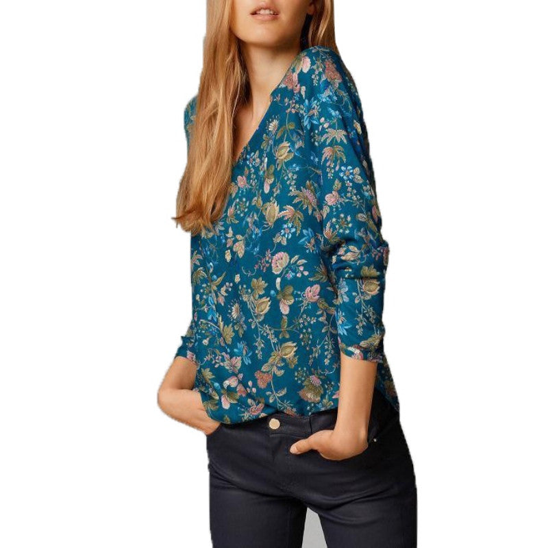 Sexy Summer Women V Neck Top Shirt Flower Printed Blouse Long-sleeve Casual Shirt UBY