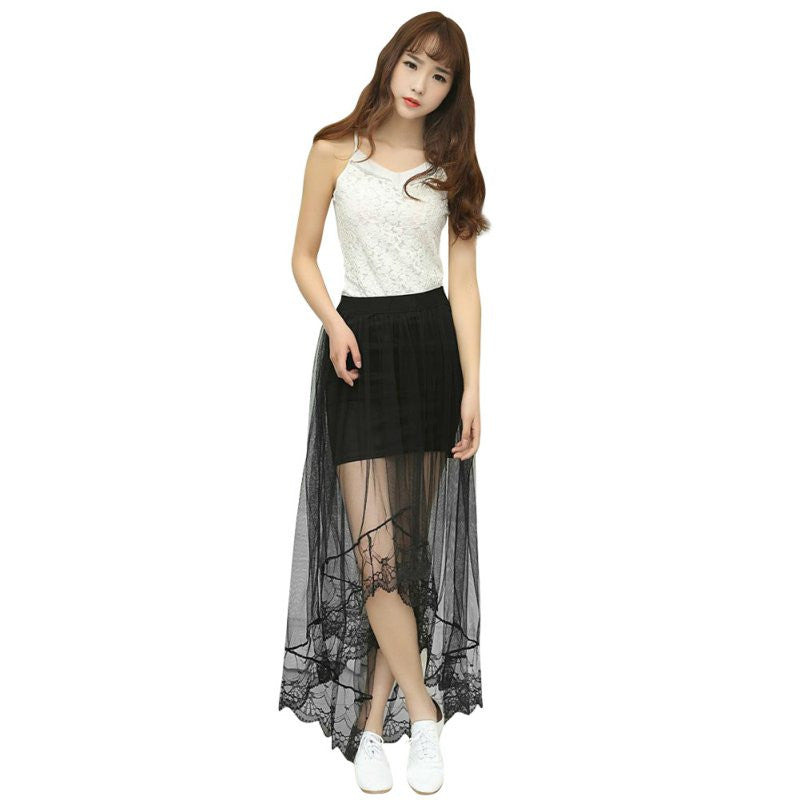 Summer Women Sexy Lace Skirts Women Fashion Long Section Skirt Jupe Tulle Black and White Short Skirt UBY