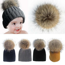 Warm Child Baby Girls Boys Knitted Woolen Natural Crochet Ski Kids Beanies Caps Raccoon Fur Pom Bobble Hats UBY