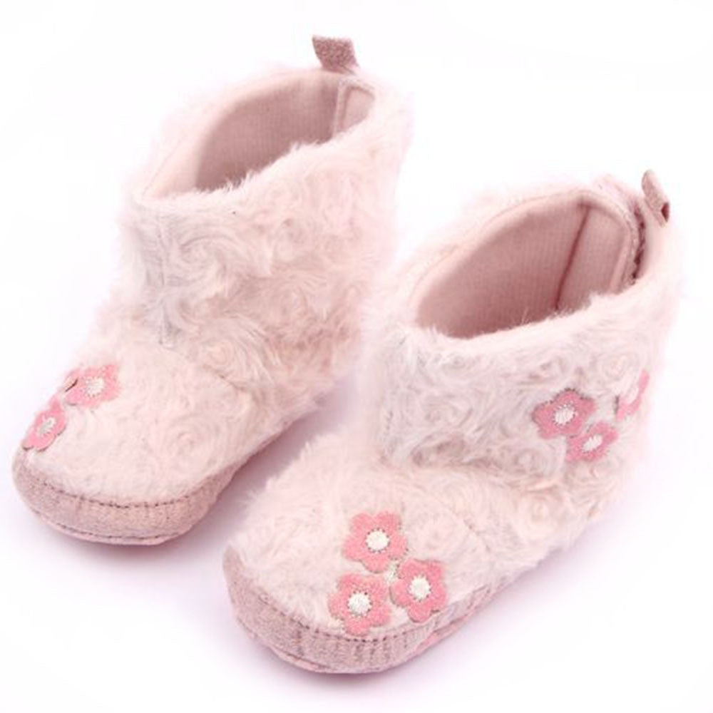 Winter Infant Baby Girls Velvcro Pink Flower Shoes Coral Fleece Snow Boots 0-12M UBY