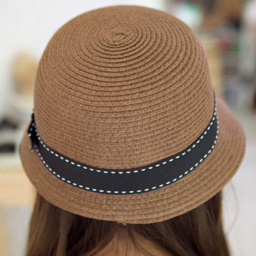 Women Straw Bow Brim Trilby UV Protection Cycling Outdoor Summer Beach Sun Hat UBY